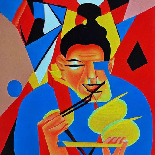 Image similar to surrealist painting, chinese man eating noodles, cubism