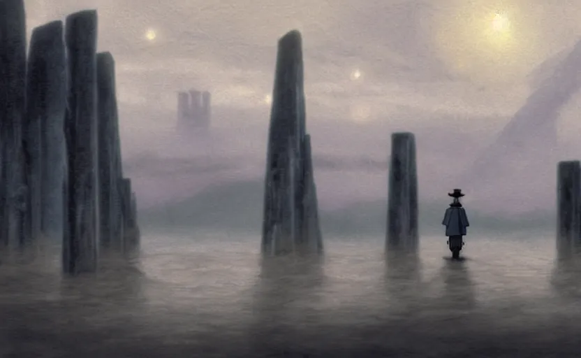 Image similar to a realistic and atmospheric cell - shaded concept art from howl's moving castle ( 2 0 0 4 ) of a grey monk standing in a futurist sci - fi city that looks like stonehenge in a flooded rainforest. it is a misty starry night. a ufo is in the sky. very dull muted colors, hd, 4 k, hq