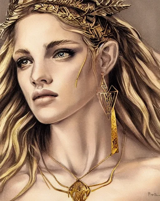 Image similar to tattoo sketch of blonde super model aphrodite greek goddess wearing a gold laurel wreath and triangle earrings, beautiful piercing gaze with sharp pupils, in the style of greg rutkowski, fantasy, amazing detail, epic, elegant, smooth, sharp focus, front view