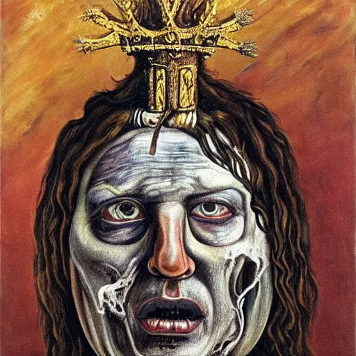 Image similar to disturbing grunge image of king salomon deity. horror airbrush art, by lucian freud