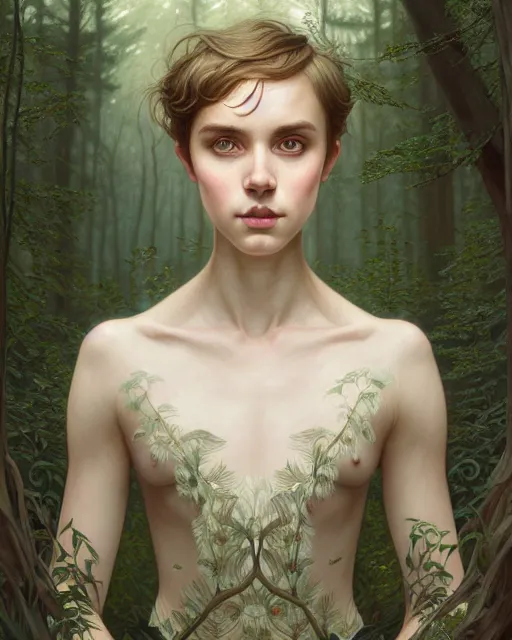 Image similar to symmetry portrait of welsh brunette princess disguised as a young man, tomboy, short hair, forest background, intricate, elegant, highly detailed, digital painting, artstation, concept art, smooth, sharp focus, illustration, art by artgerm and greg rutkowski and fra angelico and alphons mucha