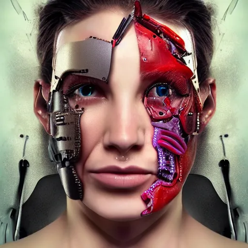 Image similar to A female peeling of her face showing she is a cyborg, hyper realistic, cyborgs, robots, 8k, higly detailed, digital art,