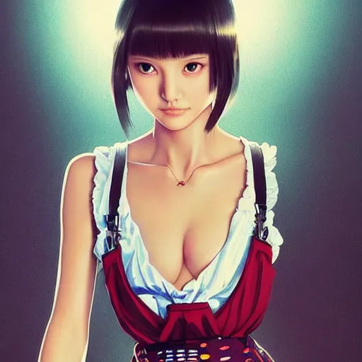 Image similar to a beautiful young japanese natalie portman alluring gravure model, wearing elaborate elegant designer overalls, elegant overalls with mesoamerican patterns, mesoamerican native street fashion, by akira toriyama and wlop and ilya kuvshinov and artgerm and, aesthetic, gorgeous, stunning, alluring, attractive, artstation, deviantart, pinterest, digital art