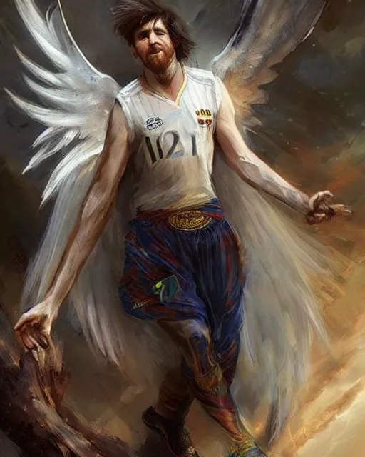 Image similar to messi, the one - winged!!!!!!! angel, male!!!!!!!, long white hair, by daniel gerhartz, trending on artstation