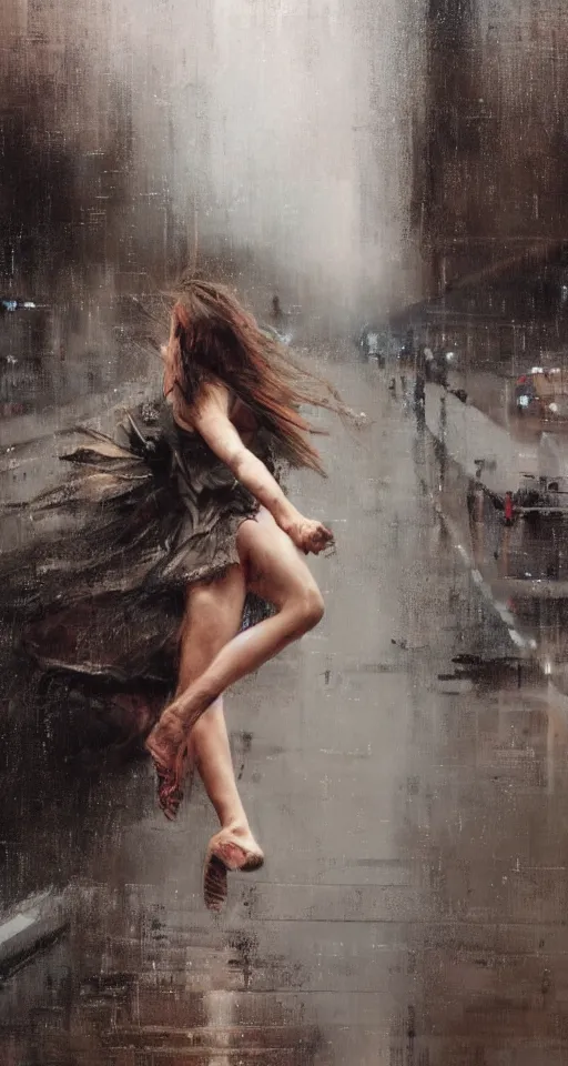 Image similar to painting of a beautiful girl, dancing in the rain, by Jeremy Mann and Jason Jenicke, highly detailed, stylized, loose brush strokes, intricate, realistic, exaggerated lighting, dramatic lighting, sense of scale, sense of movement, sensual