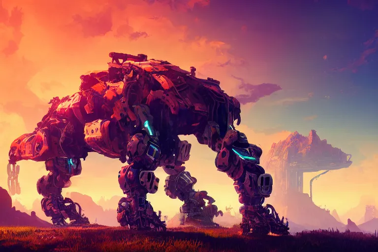 Image similar to behemoth machine mecanical creature robot of horizon forbidden west horizon zero dawn radiating a glowing aura global illumination ray tracing hdr fanart arstation by ian pesty and alena aenami artworks in 4 k