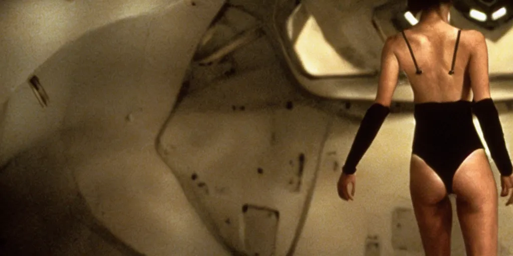Image similar to color film still, view from behind, a woman in black bikini exploring a spaceship ; alien 2 ( 1 9 8 6 )