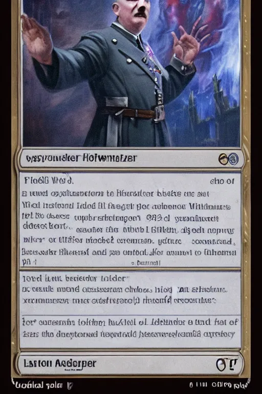 Image similar to a photo showing a magic the gathering card in it's full glory, depicting adolf hitler as a wizzard, 8 k, ultra realistic,