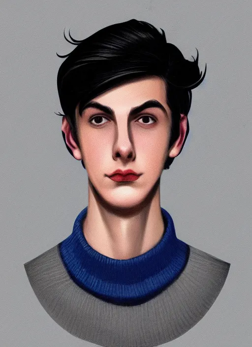 Image similar to portrait of teenage jughead jones wearing a light grey crown, crown, blue turtleneck, 1 9 5 0 s, closed eyes, photorealistic, black hair, glowing lighting, intricate, elegant, glowing lights, highly detailed, digital painting, artstation, concept art, smooth, sharp focus, illustration, art by wlop, mars ravelo and greg rutkowski