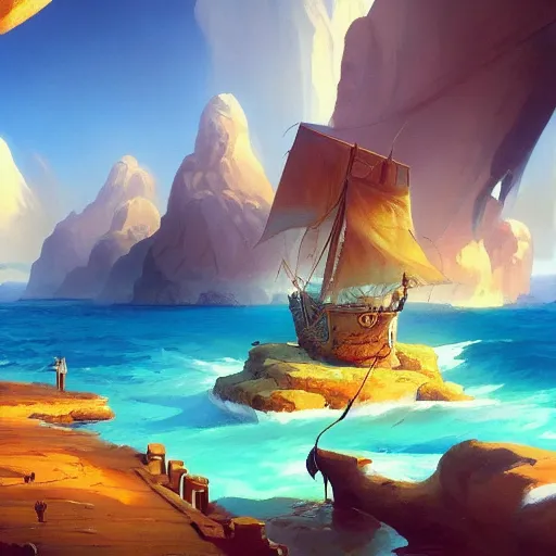 Prompt: a painting of an island with a pirate ship near it, a detailed matte painting, by RHADS, cgsociety, fantasy art, matte painting, artstation hq, matte drawing, by makoto shinkai and Beeple Jorge Jacinto ,Tyler Edlin, philipsue on artstation