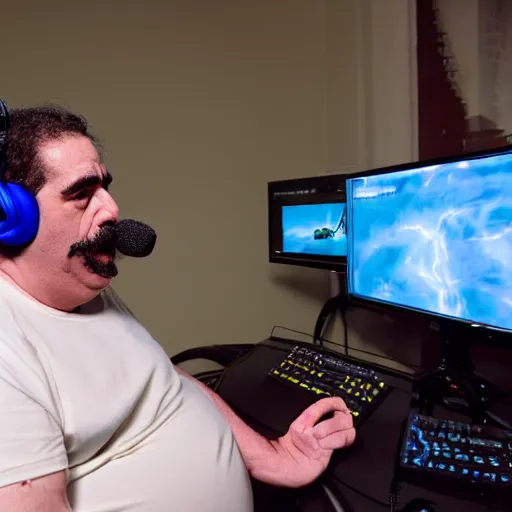 Prompt: obese Frank Zappa wearing a headset yelling at his monitor while playing WoW highly detailed wide angle lens 10:9 aspect ration award winning photography