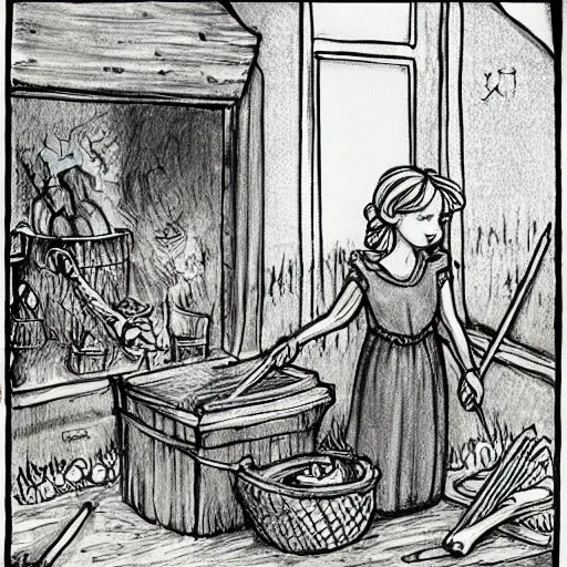 Image similar to the blacksmits’ daughter, working in the forge, fantasy art in the style of Elsa Beskow,