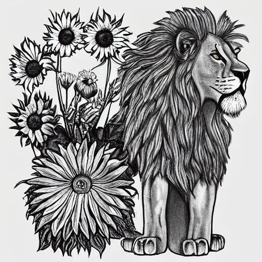 Image similar to lions and sunflowers 🌻🌫 in the style of salvador dali