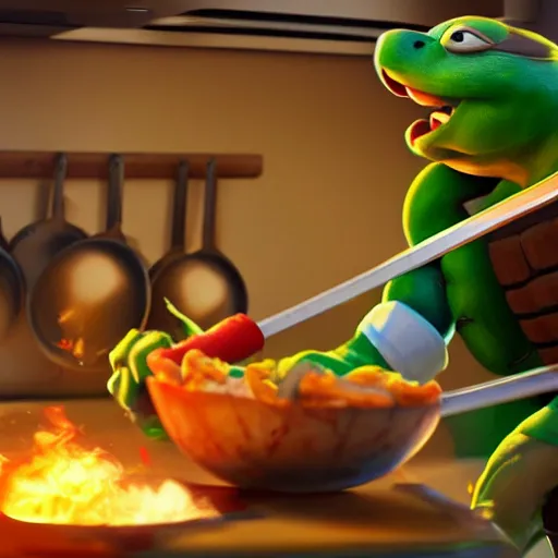 Image similar to teenage mutant ninja turtle with frying pan near kitchen stove, wearing chef hat, frying nails, volumetric lighting, realistic, photo, artstation