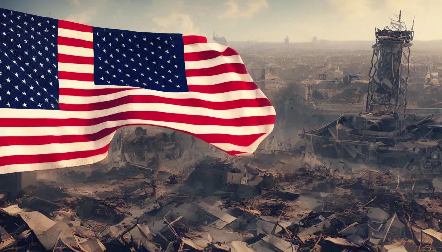 Prompt: us flag flying in the wind in destroyed washington dc city, hyperdetailed, artstation, cgsociety, 8 k