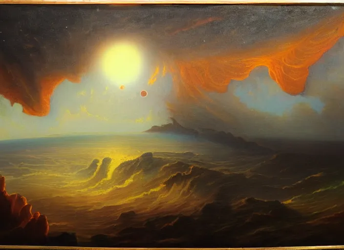 Image similar to the impact of the planet gaia on the earth, right before the moon forms, seas of fire everywhere. in the style of hudson river school of art, oil on canvas