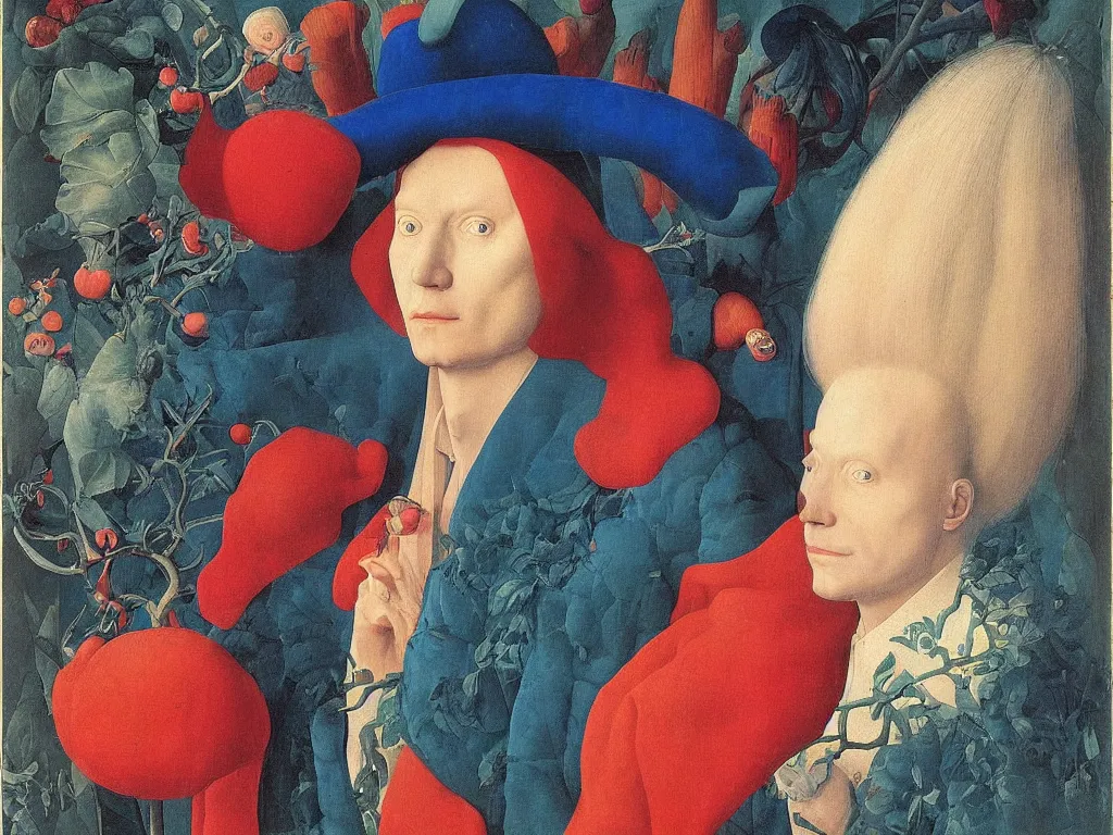 Prompt: Portrait of albino mystic with blue eyes, with beautiful exotic coral. Painting by Jan van Eyck, Audubon, Rene Magritte, Agnes Pelton, Max Ernst, Walton Ford