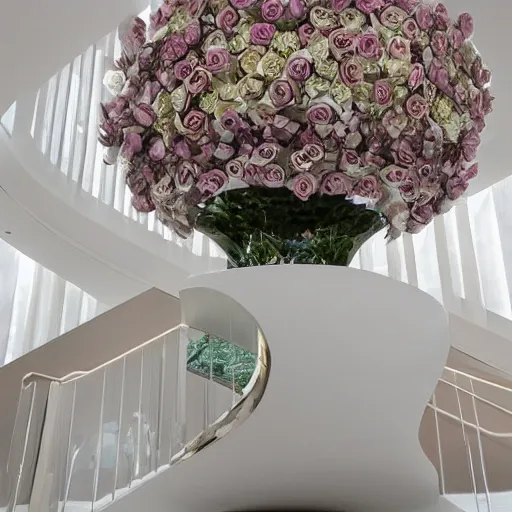 Prompt: panoramic view of rose arrangement made of mother of pearl in a living room designed by zaha hadid, opal stairs, architectural digest!!!