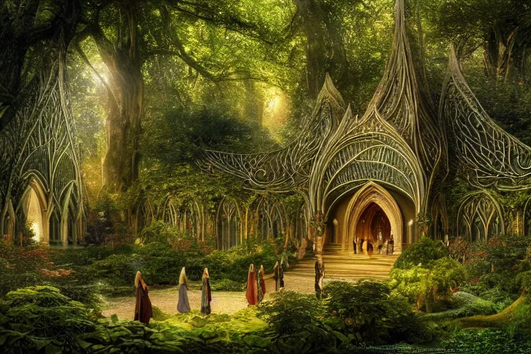 Prompt: a beautiful and highly detailed digital painting of an elven cathedral in a beautiful garden in a mystical forest, lothlorien, rivendell, mirkwood, celtic designs, intricate details, epic scale, hyperdetailed, hyperrealism,, artstation, cgsociety, 8 k, sharp focus, by caspar friedrich, james gurney, brian froud,