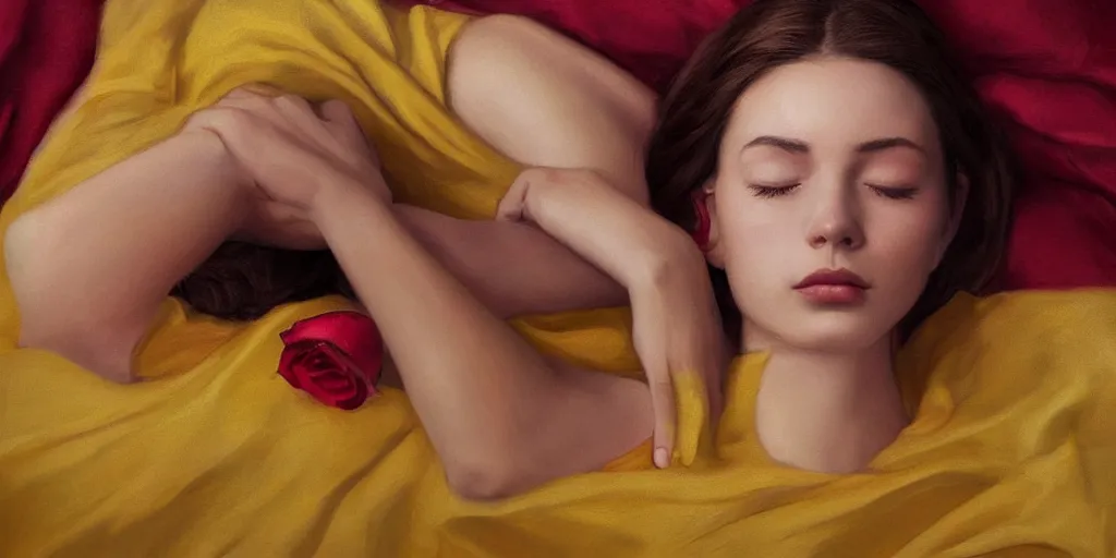 Prompt: beautiful oil matte portrait painting, young woman with closed eyes lying on a red bed sheet wearing a mustard yellow dress covered in rose petals, detailed face, wonderful masterpiece highly detailed, beautiful cinematic light deep focus, elegant, digital painting, smooth, sharp focus, golden ratio, dramatic illumination, ultra realistic, 8 k, art by jimmy law