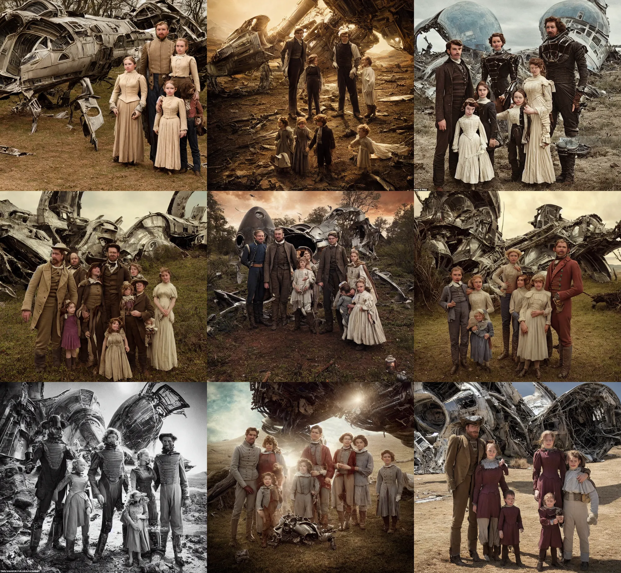 Prompt: extra sharp, detailed, film from a blockbuster sci fi 8 k color movie, set in 1 8 6 0, family standing in front of a crashed spaceship, on alien planet, looking happy, wearing 1 8 5 0 s era clothes, atmospheric lighting, in focus, reflective eyes, 3 5 mm macro lens, live action, nice composition, good photography, sharp facial details