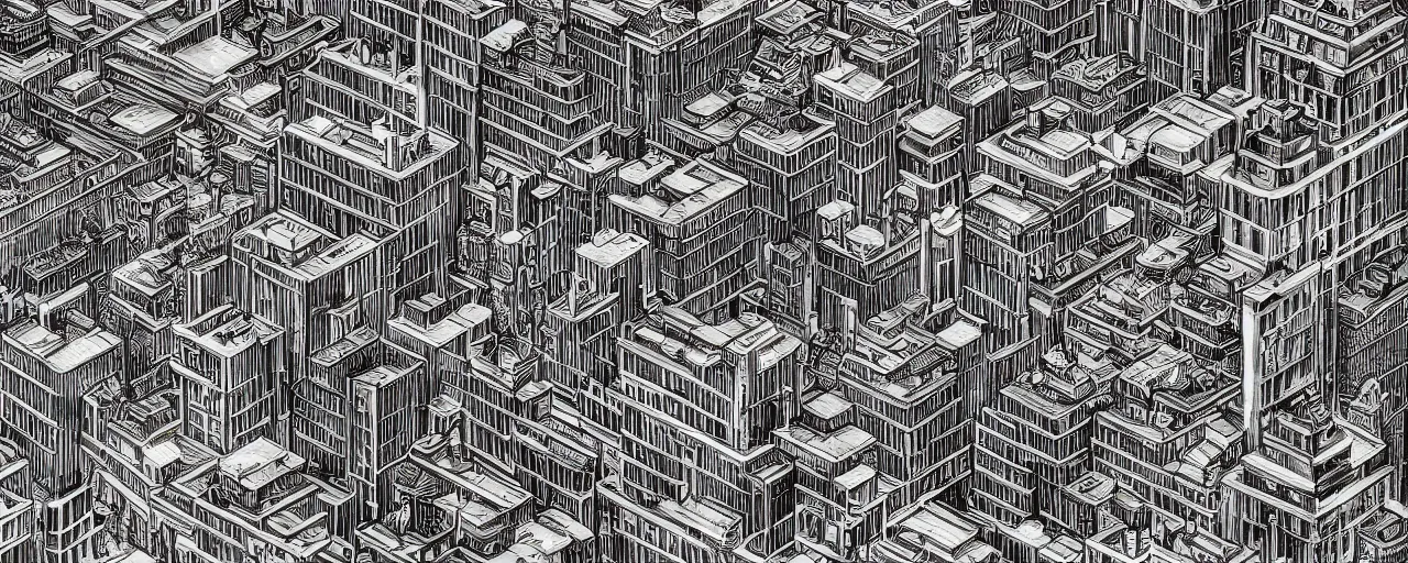 Image similar to a highly detailed cityscape, black and white, in the style of MC Escher, 4k