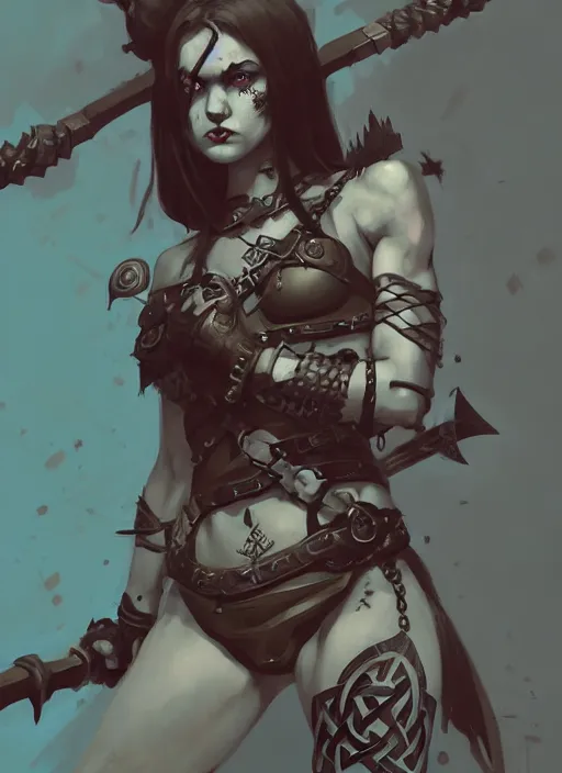 Image similar to portrait of cute goth muscular warrior girl cowered in celtic tattoos, dressed in armor bikini, holding a sword, dark fantasy, by atey ghailan, by greg rutkowski, by greg tocchini, by james gilleard, by joe gb fenton, by kaethe butcher, dynamic lighting, gradient light blue, brown, blonde cream and white color in scheme, grunge aesthetic