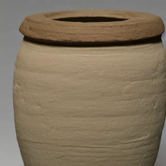 Prompt: a photo of a cylindrical clay jar with two sentences of thamudic, dark, brooding, atmospheric, volume lighting