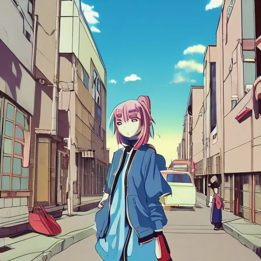 Prompt: anime girl with upturned collars, collar over mouth, blue jacket. cel - shading, 2 0 0 1 anime, flcl, jet set radio future, golden hour, japanese town, concentrated buildings, japanese neighborhood, electrical wires, cel - shaded, strong shadows, vivid hues, y 2 k aesthetic