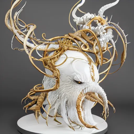 Prompt: angelarium, illithid, cthulhu, white with gold accents, sculpture by ellen jewett