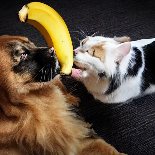 Prompt: A dog and a cat fighting for a banana, award winning photography