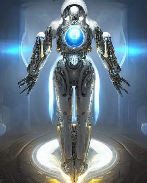 Prompt: benevolent cyborg necromancer, scifi, futuristic, helpful, kind, intelligent, alien room background, white, blue, gold, highly detailed, trending on artstation, soft light, holy machine, advanced technology, art by vitaly bulgarov and nivanh chanthara