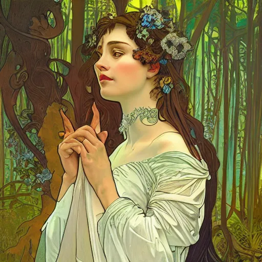 Prompt: portrait of a strange, gorgeous and mystical woman in the woods, trees in the background, evening lighting, 4k, detailed, in the style of Alphonse Mucha