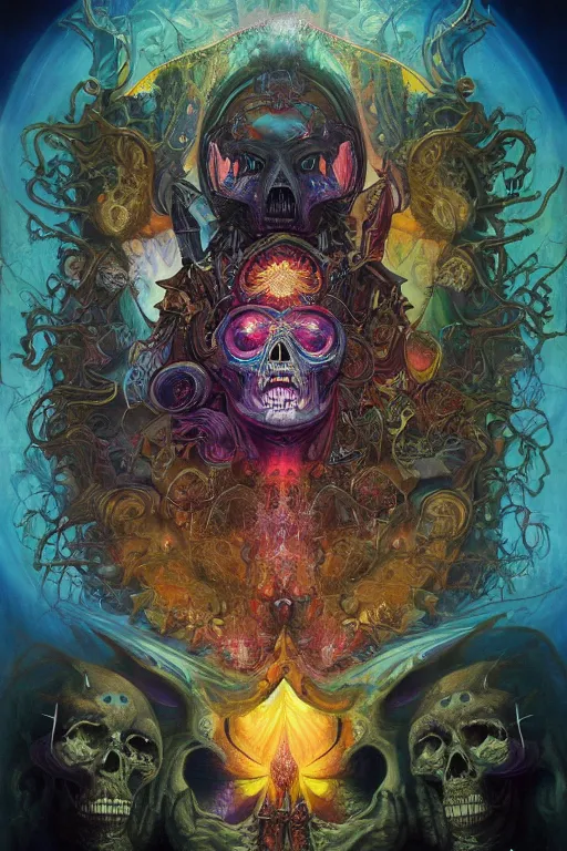 Prompt: gigantic psychedelic demonic cosmic skull of death, outer space, fantasy painting, ultra realistic, dmt, symmetrical, wide angle, intricate details, digital painting, rainbowshift, vivid colors, highly detailed by peter mohrbacher, h. r. giger, maxfield parrish, alphonse mucha, craig mullins, octane render, cgi