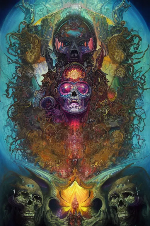 Image similar to gigantic psychedelic demonic cosmic skull of death, outer space, fantasy painting, ultra realistic, dmt, symmetrical, wide angle, intricate details, digital painting, rainbowshift, vivid colors, highly detailed by peter mohrbacher, h. r. giger, maxfield parrish, alphonse mucha, craig mullins, octane render, cgi