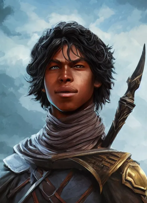 Image similar to An epic fantasy comic book style portrait painting of a young dark skinned long haired boy peasant with intelligent eyes in the style of the wheel of time, unreal 5, DAZ, hyperrealistic, octane render, cosplay, RPG portrait, dynamic lighting