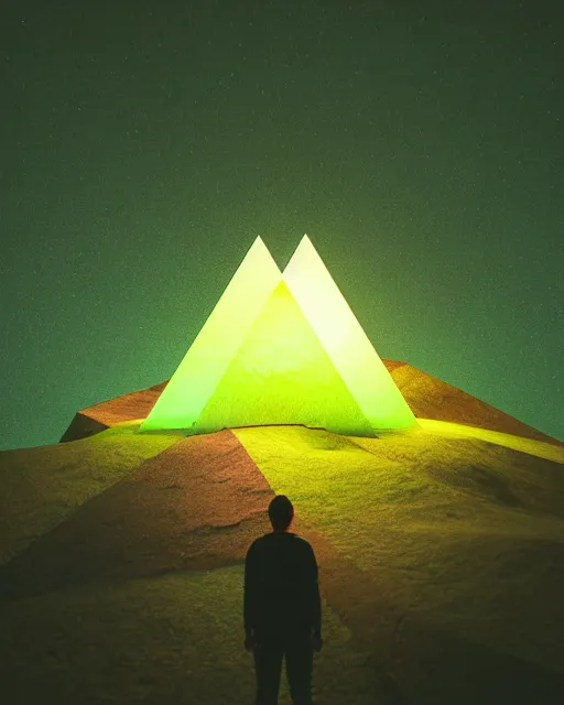 Image similar to a man standing in the middle of a mountain with a glowy triangle, a render by filip hodas, behance contest winner, environmental art, rendered in cinema 4 d, volumetric lighting