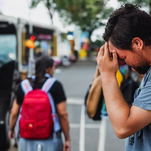 Prompt: A bogan crying because they missed the bus, Canon EOS R3, f/1.4, ISO 200, 1/160s, 8K, RAW, unedited, symmetrical balance, in-frame