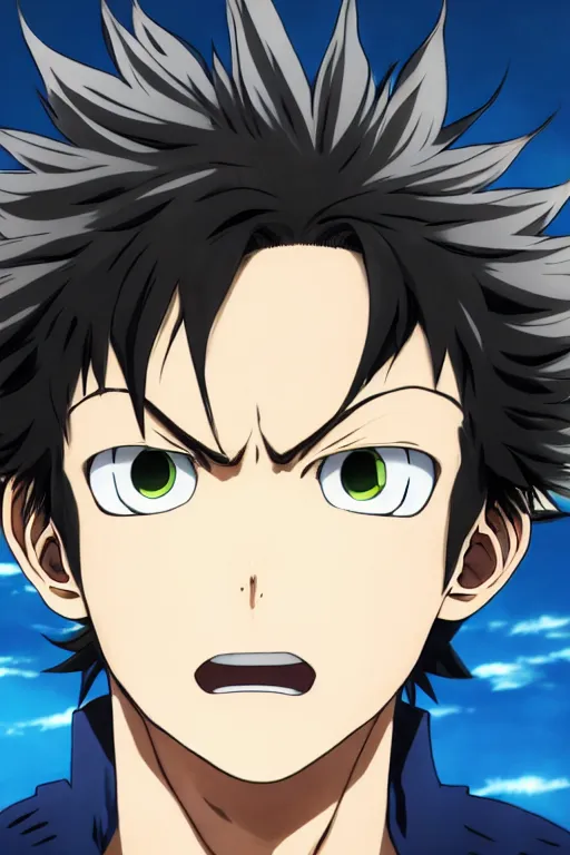 Prompt: highly detailed portrait of an angry boy with water powers and spikey hair by masayoshi tanaka, in my hero academia, in attack on titan, 8 k, anime!!!!!!!!!!!!!!!, trending on artstation, very big eyes, detailed eyes, official media, blue eyes, cel shaded