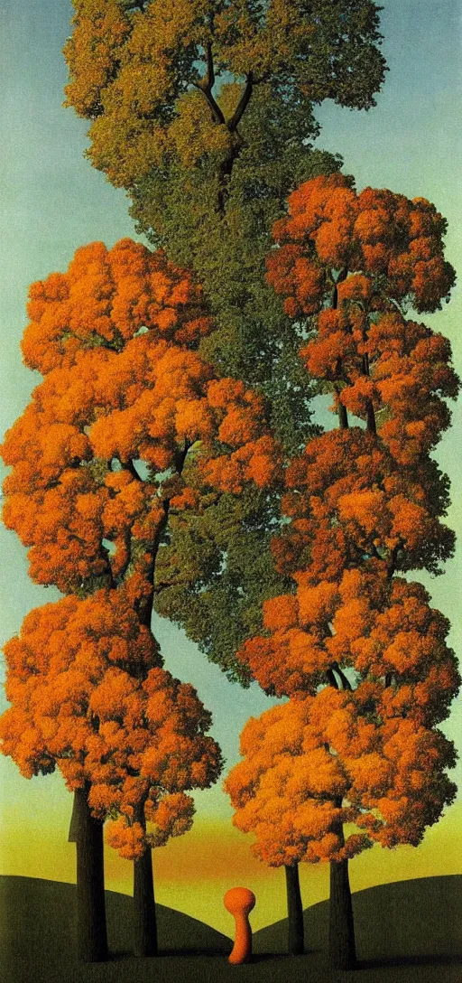 Image similar to Sunset on an autumn day in the park by Rene Magritte. Surreal. Fractal.