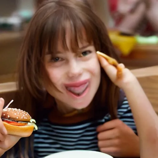 Prompt: a girl eating a burger. Still from weathering with you.