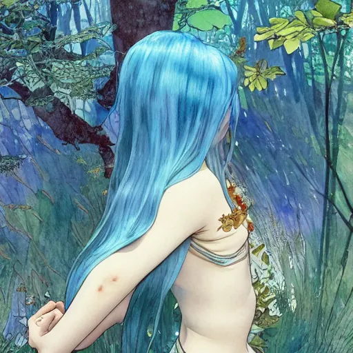 Image similar to side view a beautiful and inspiring intricate watercolor illustration artwork bright blue hair japanese girl in the forest, feeling the nature, eyes closed, 4 k, ultra - wide angle, by william turner, by victo ngai, by alphonse mucha, by miho hirano, hd, trending on artstation, hyper detailed, muted colors, inspiring, beautiful, energetic