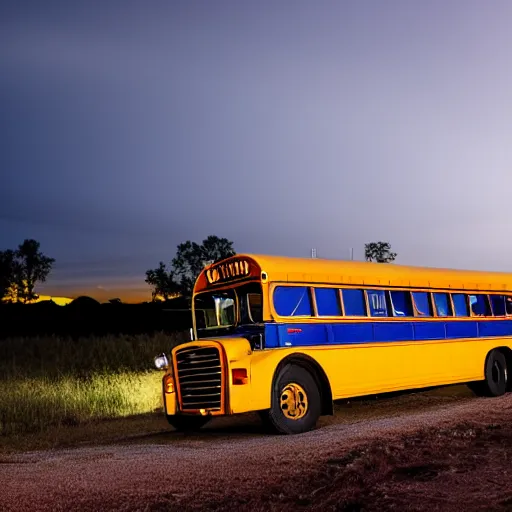 Image similar to a school bus driving on a dirt road at night photography high quality