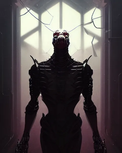 Image similar to professional concept art portrait of a predatory robotic villain in a dark room by artgerm and greg rutkowski. an intricate, elegant, highly detailed digital painting, concept art, smooth, sharp focus, illustration, in the style of cam sykes, wayne barlowe, igor kieryluk.