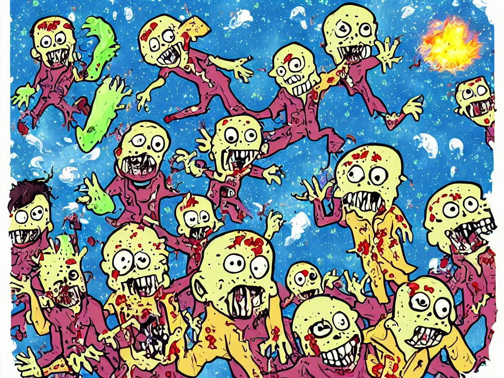 Image similar to exploding zombies in space, children's illustration, cartoon