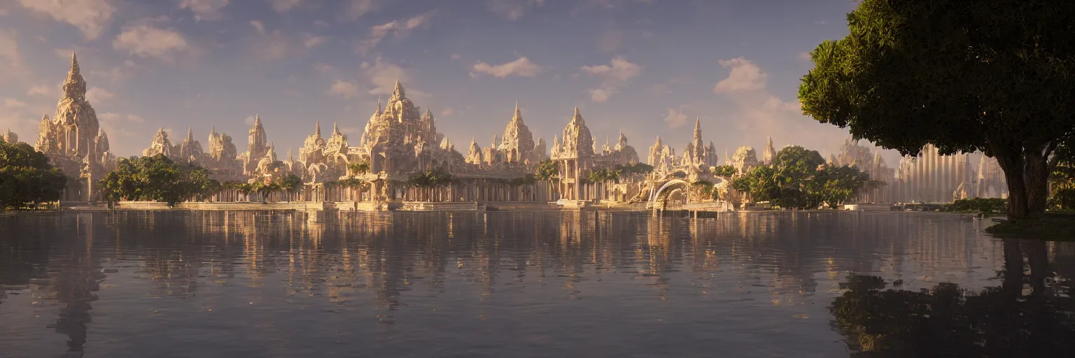 Image similar to beautiful picture of naboo with reflective sleek architecture, ultra detailed, elegant, trending on artstation, dramatic lighting, light rays and shadows, octane render directed by stanley kubrick