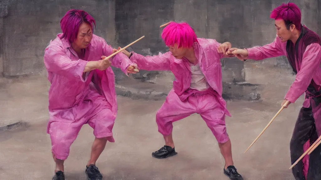 Image similar to asian person with chopsticks fighting a turkish person with pink hair, cinematic, 4 k, oil painting