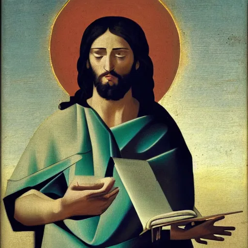 Prompt: Jesus Christ excited typing on a computer painted by Zurbaran