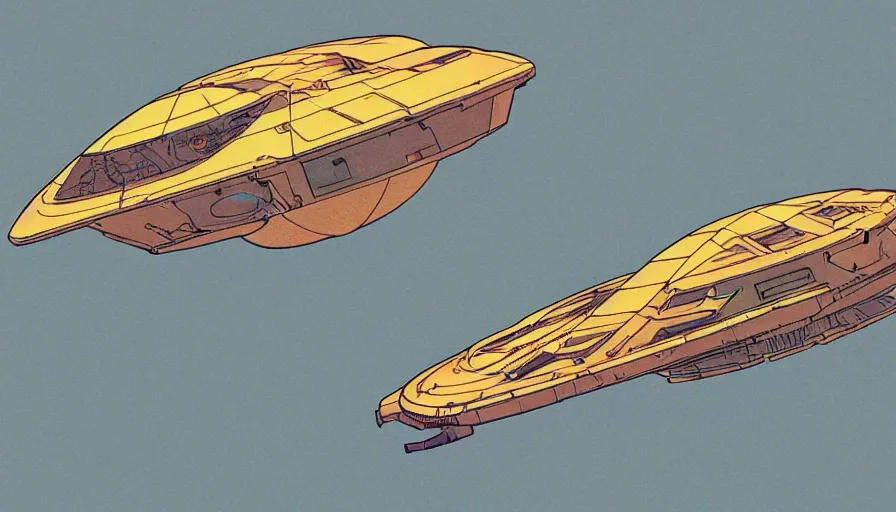 Image similar to flat color illustration of futuristic spacecraft by moebius and sparth,