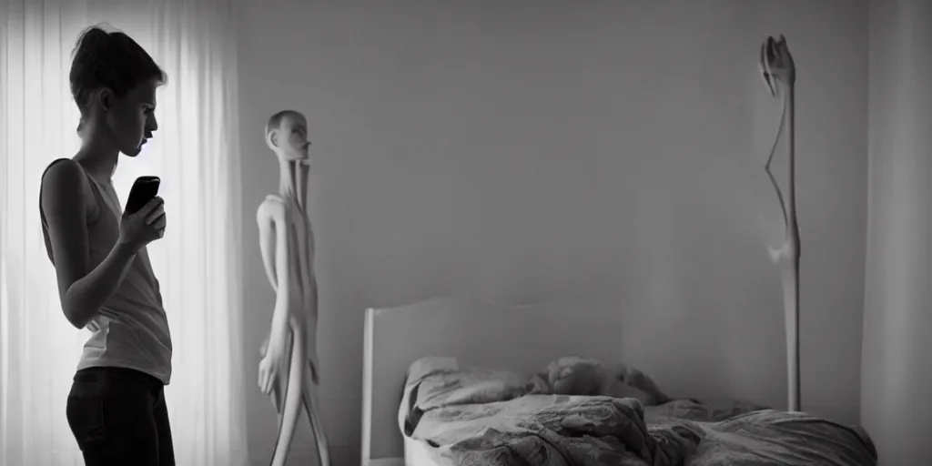 Image similar to a young girl on her cell phone in her bedroom, a 9 foot tall skinny slender man behind her pointing at the phone, side angle, profile, cinematic, dramatic lighting